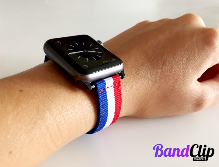 BandClip Noir avec bracelet Nato en nylon bleu, blanc rouge